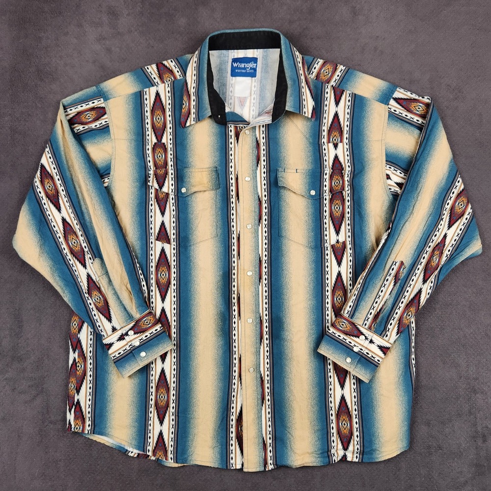 Vintage Wrangler Western Shirt Mens 2XL Blue Tan Southwestern Aztec Pearl Snap